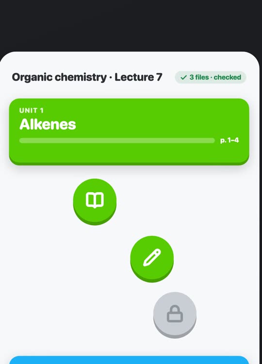 Felt course view: Organic chemistry, Lecture 7, 3 files checked, Unit 1 Alkenes