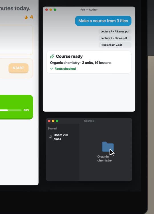 Felt Author on Mac: Make a course from 3 files, Course ready, Organic chemistry, 3 units, 14 lessons, Facts checked